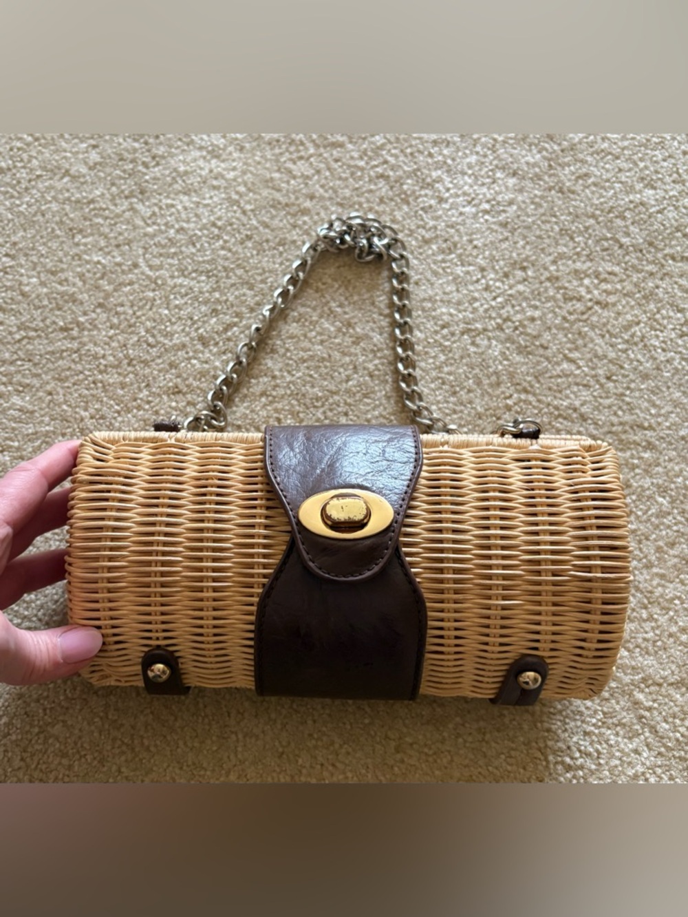 Woven Rattan Shoulder Bag with Dark Brown Leather Trim